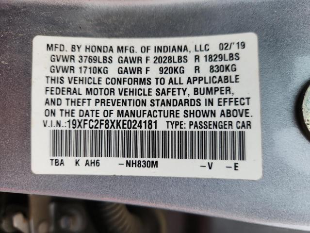 19XFC2F8XKE024181 - 2019 HONDA CIVIC SPORT 银色 照片 12