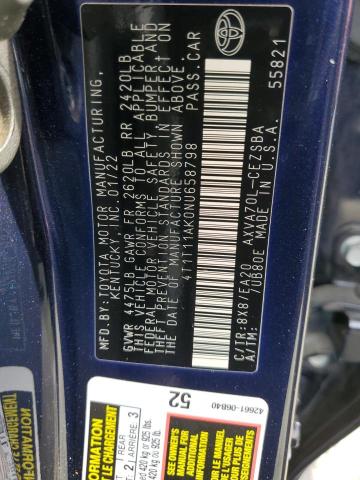 4T1T11AK0NU658798 - 2022 TOYOTA CAMRY SE BLUE photo 12
