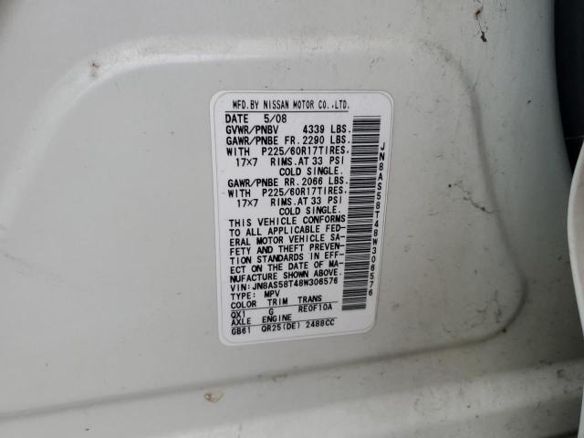 JN8AS58T48W306576 - 2008 NISSAN ROGUE S WHITE photo 13