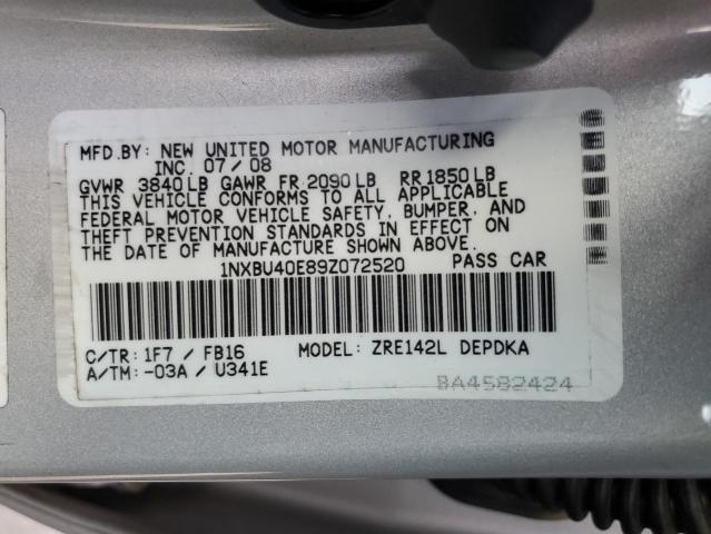 1NXBU40E89Z072520 - 2009 TOYOTA COROLLA BASE 银色 照片 12