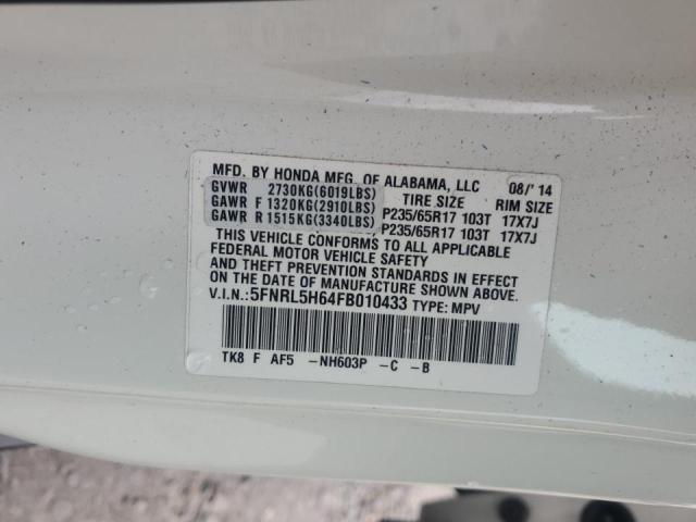 5FNRL5H64FB010433 - 2015 HONDA ODYSSEY EXL WHITE photo 13