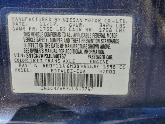 3N1CN7AP3JL840767 - 2018 NISSAN VERSA S ლურჯი ფოტო 12