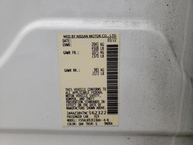 1N4AZ1BV7NC562322 - 2022 NISSAN LEAF S WHITE photo 12