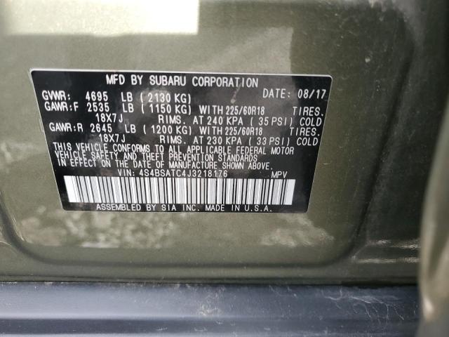 4S4BSATC4J3218176 - 2018 SUBARU OUTBACK TOURING GREEN photo 12