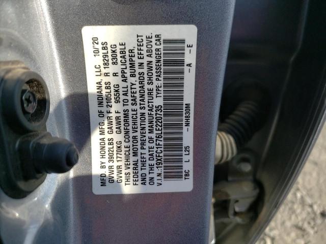 19XFC1F76LE220735 - 2020 HONDA CIVIC EXL ვერცხლისფერი ფოტო 12