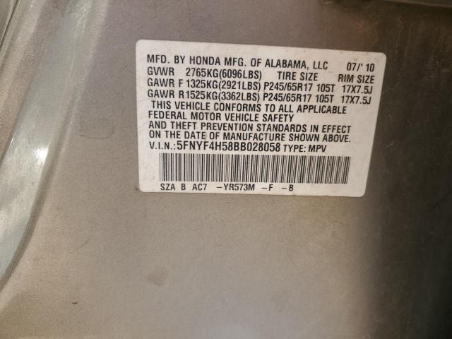 5FNYF4H58BB028058 - 2011 HONDA PILOT EXL BEIGE photo 13