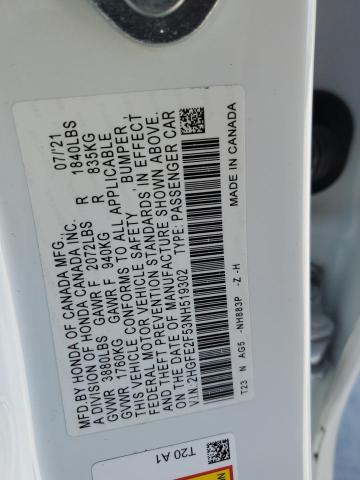 2HGFE2F53NH519302 - 2022 HONDA CIVIC SPORT 白色 照片 12