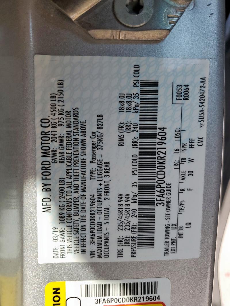 3FA6P0CD0KR219604 - 2019 FORD FUSION SEL 银色 照片 12