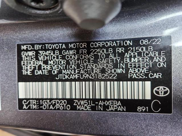JTDKAMFU9N3182522 - 2022 TOYOTA PRIUS NIGHT SHADE GRAY photo 13