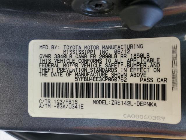 5YFBU4EE3CP060762 - 2012 TOYOTA COROLLA BASE Gri fotoğraf 12