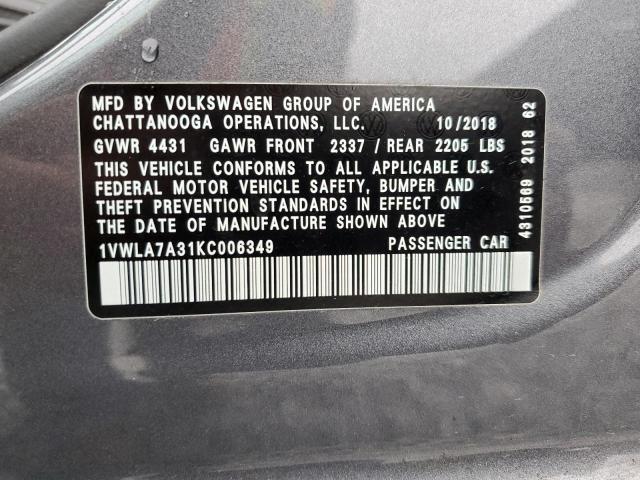 1VWLA7A31KC006349 - 2019 VOLKSWAGEN PASSAT WOLFSBURG GRAY photo 12