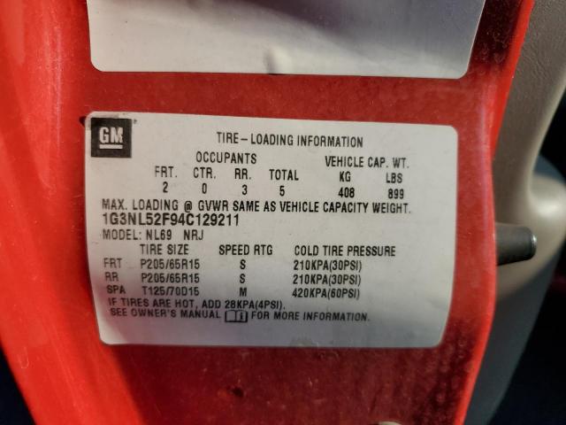 1G3NL52F94C129211 - 2004 OLDSMOBILE ALERO GL წითელი ფოტო 12