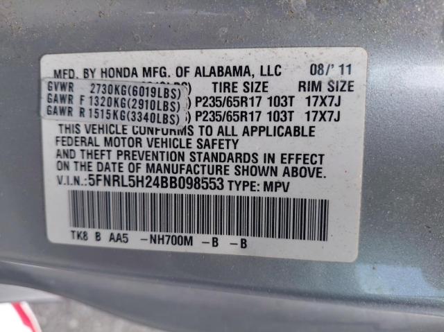 5FNRL5H24BB098553 - 2011 HONDA ODYSSEY LX SILVER photo 10