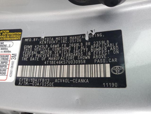 4T1BE46K57U030958 - 2007 TOYOTA CAMRY CE SILVER photo 12