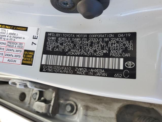 JTDKARFP7K3119339 - 2019 TOYOTA PRIUS PRIM Biały zdjęcie 13