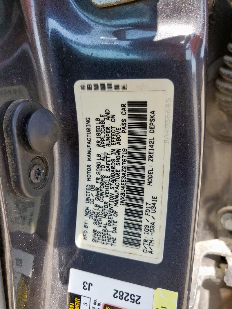 1NXBU4EE3AZ276719 - 2010 TOYOTA COROLLA BASE Մոխրագույն լուսանկար 12