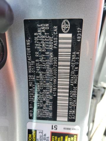 4T1B11HKXJU072900 - 2018 TOYOTA CAMRY L SILVER photo 13