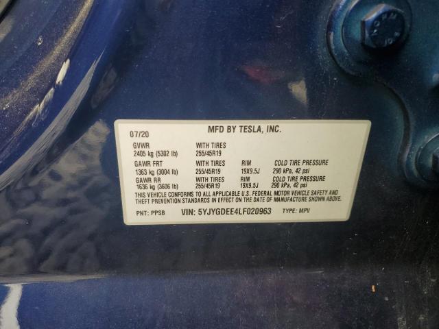 5YJYGDEE4LF020963 - 2020 TESLA MODEL Y BLUE photo 12