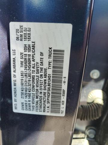 5FPYK3F5XLB013451 - 2020 HONDA RIDGELINE RTL BLUE photo 12