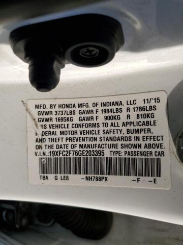 19XFC2F76GE203395 - 2016 HONDA CIVIC EX WHITE photo 12