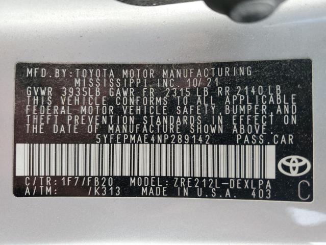 5YFEPMAE4NP289142 - 2022 TOYOTA COROLLA LE SILVER photo 13