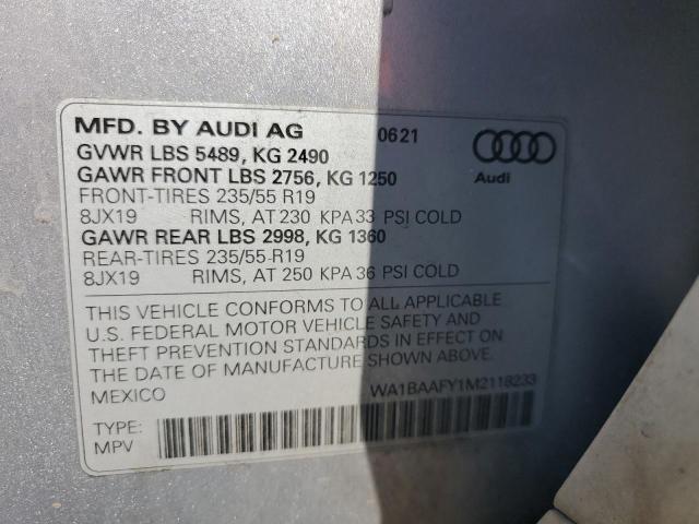 WA1BAAFY1M2118233 - 2021 AUDI Q5 PREMIUM PLUS SILVER photo 13