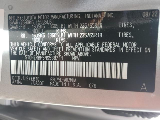 5TDHZRBH5NS588711 - 2022 TOYOTA HIGHLANDER XLE SILVER photo 13