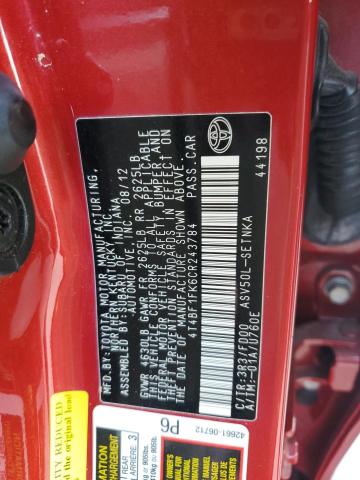 4T4BF1FK6CR243784 - 2012 TOYOTA CAMRY BASE RED photo 12