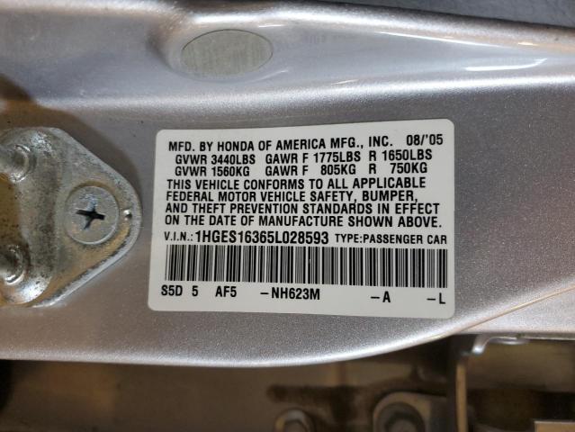 1HGES16365L028593 - 2005 HONDA CIVIC DX VP Gümüş foto 12