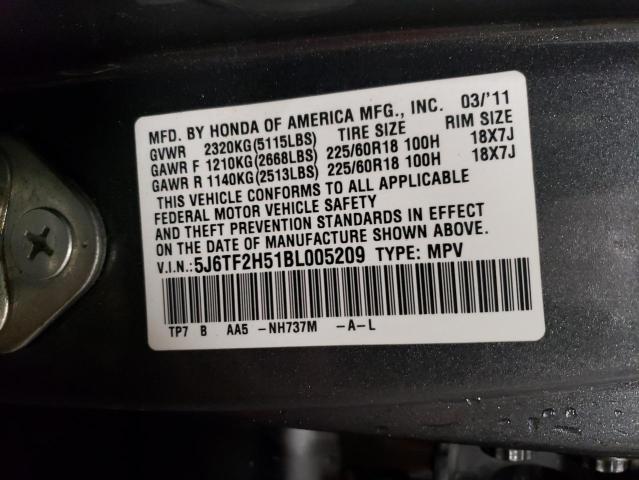 5J6TF2H51BL005209 - 2011 HONDA CROSSTOUR EXL ნაცრისფერი ფოტო 12