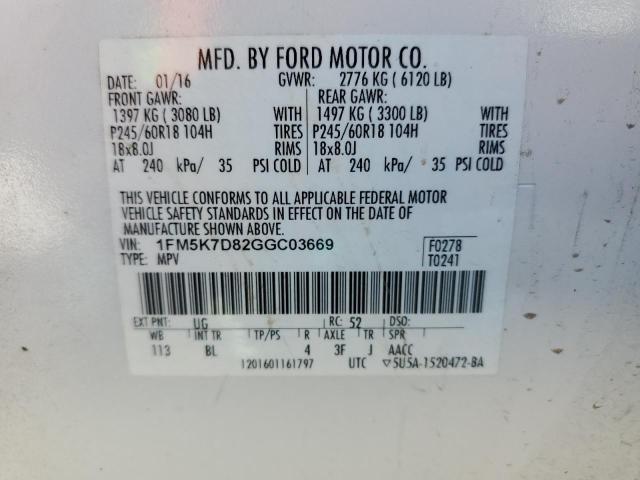 1FM5K7D82GGC03669 - 2016 FORD EXPLORER XLT WHITE photo 13