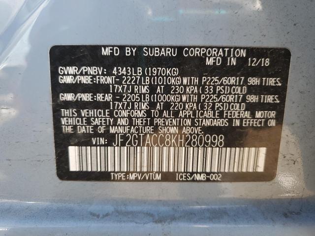 JF2GTACC8KH280998 - 2019 SUBARU CROSSTREK PREMIUM GRAY photo 13