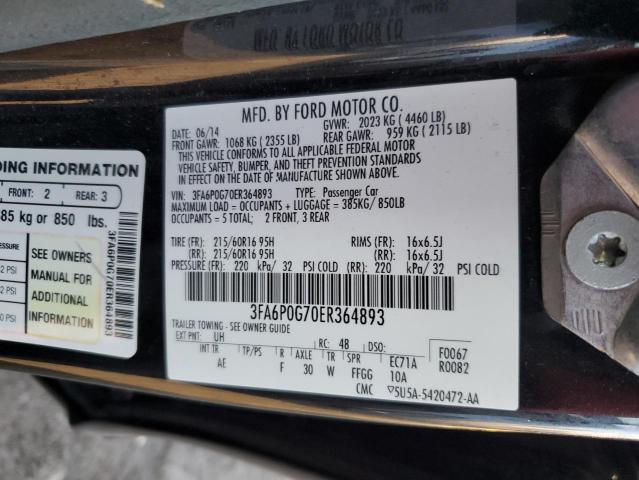 3FA6P0G70ER364893 - 2014 FORD FUSION S BLACK photo 12