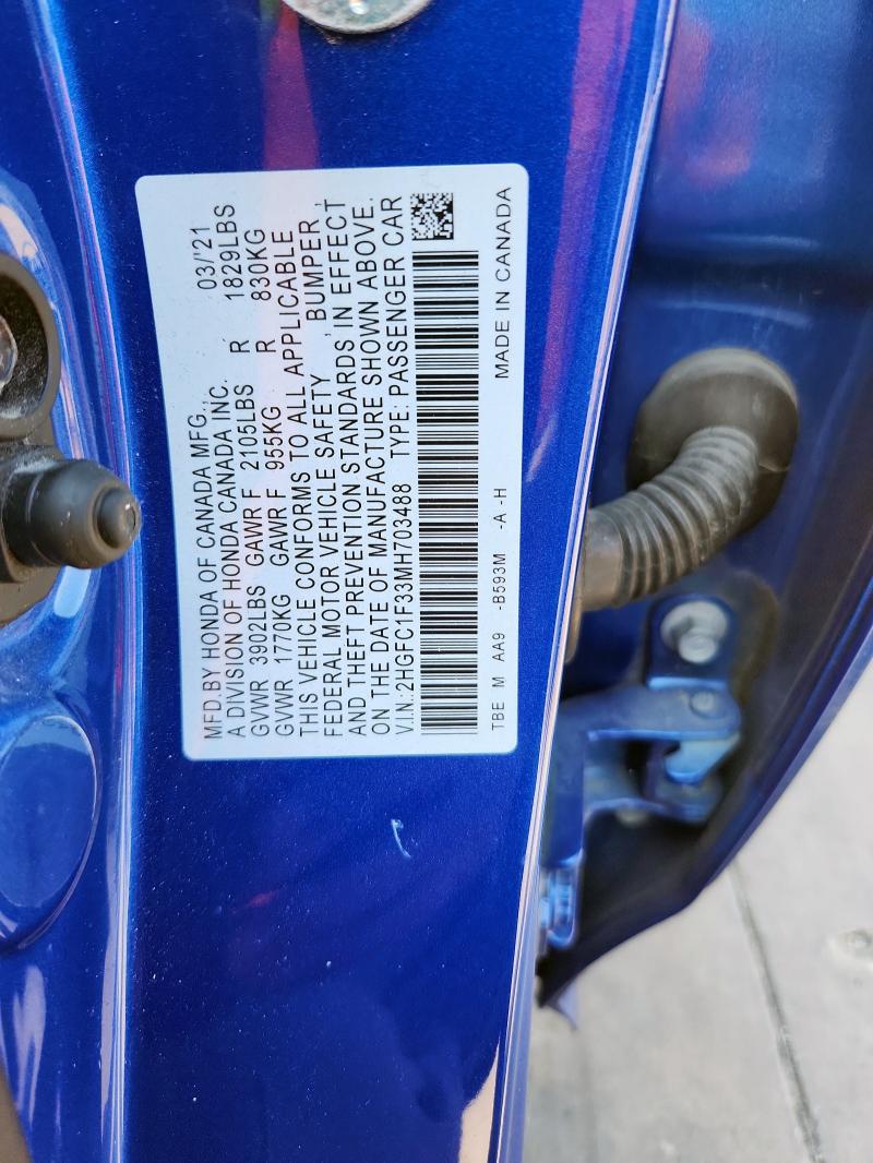 2HGFC1F33MH703488 - 2021 HONDA CIVIC EX BLUE photo 13