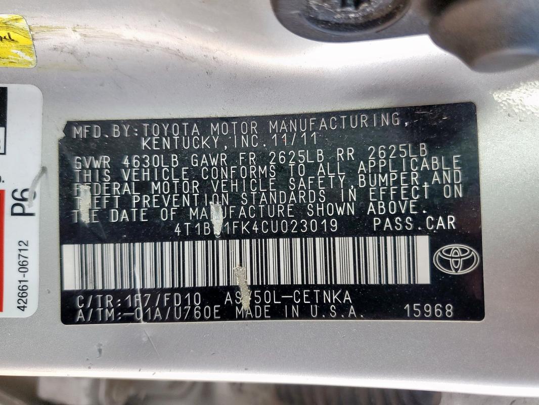 4T1BF1FK4CU023019 - 2012 TOYOTA CAMRY BASE ვერცხლისფერი ფოტო 12