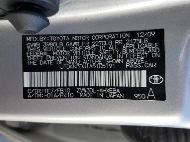JTDKN3DU1A5105191 - 2010 TOYOTA PRIUS SILVER photo 12
