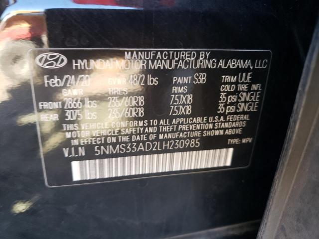 5NMS33AD2LH230985 - 2020 HYUNDAI SANTA FE SEL BLACK photo 13
