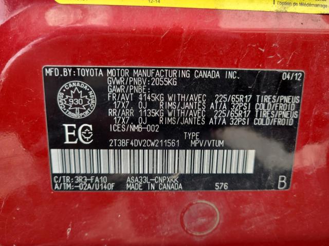 2T3BF4DV2CW211561 - 2012 TOYOTA RAV4 Qırmızı foto 10