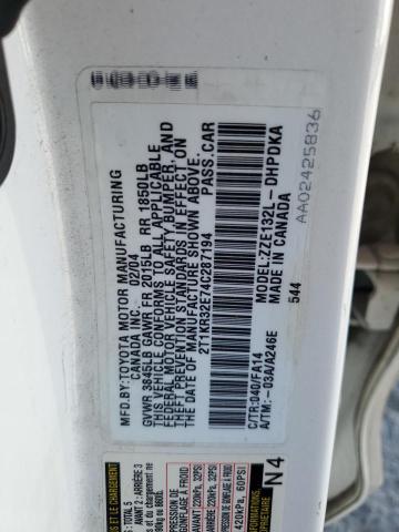 2T1KR32E74C287194 - 2004 TOYOTA COROLLA MATRIX XR WHITE photo 12