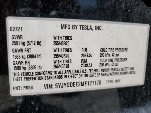5YJYGDEE2MF121176 - 2021 TESLA MODEL Y Қара фото 12