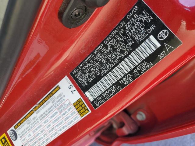 JTDKB20U087784894 - 2008 TOYOTA PRIUS RED photo 12