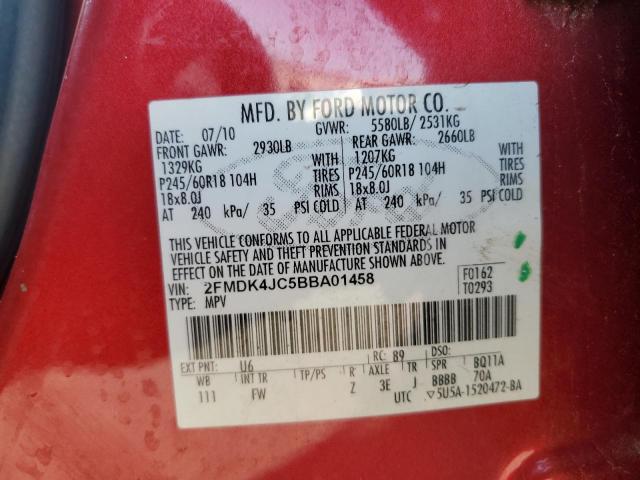 2FMDK4JC5BBA01458 - 2011 FORD EDGE SEL RED photo 12