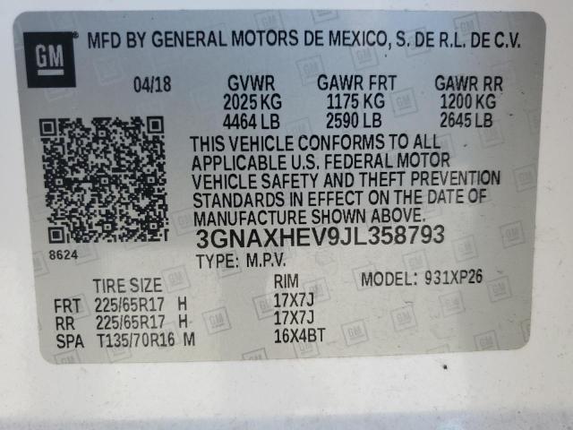 3GNAXHEV9JL358793 - 2018 CHEVROLET EQUINOX LS WHITE photo 12