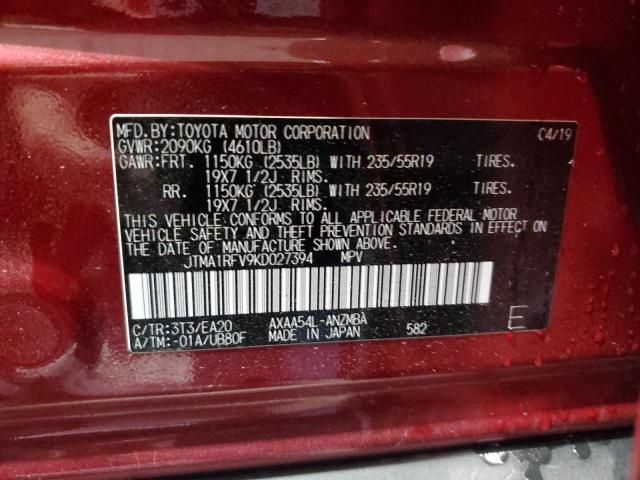 JTMA1RFV9KD027394 - 2019 TOYOTA RAV4 XLE PREMIUM BURGUNDY photo 12