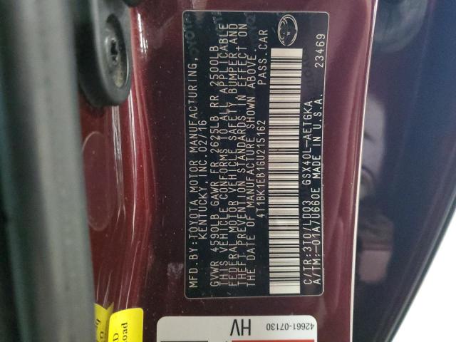 4T1BK1EB1GU215162 - 2016 TOYOTA AVALON XLE BURGUNDY photo 12