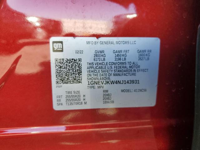 1GNEVJKW4NJ143931 - 2022 CHEVROLET TRAVERSE RS RED photo 12