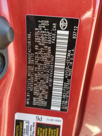4T1BF1FK4CU617447 - 2012 TOYOTA CAMRY BASE RED photo 12