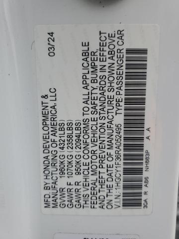 1HGCY1F36RA052495 - 2024 HONDA ACCORD EX WHITE photo 12