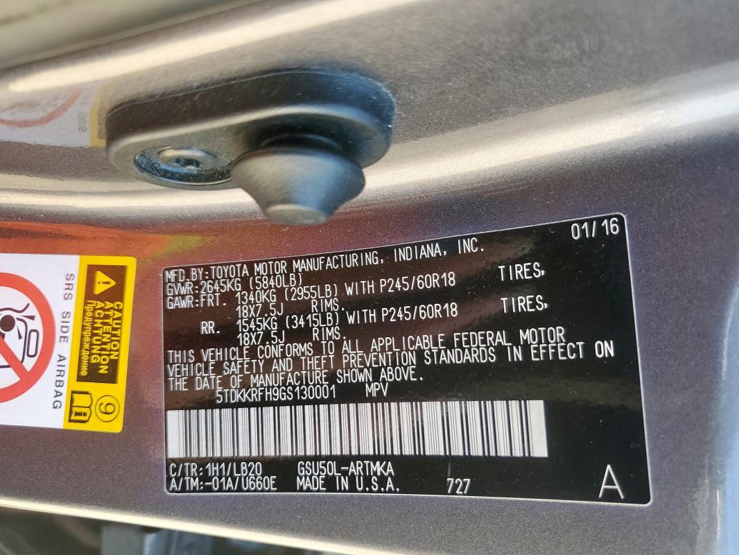 5TDKKRFH9GS130001 - 2016 TOYOTA HIGHLANDER XLE GRAY photo 13