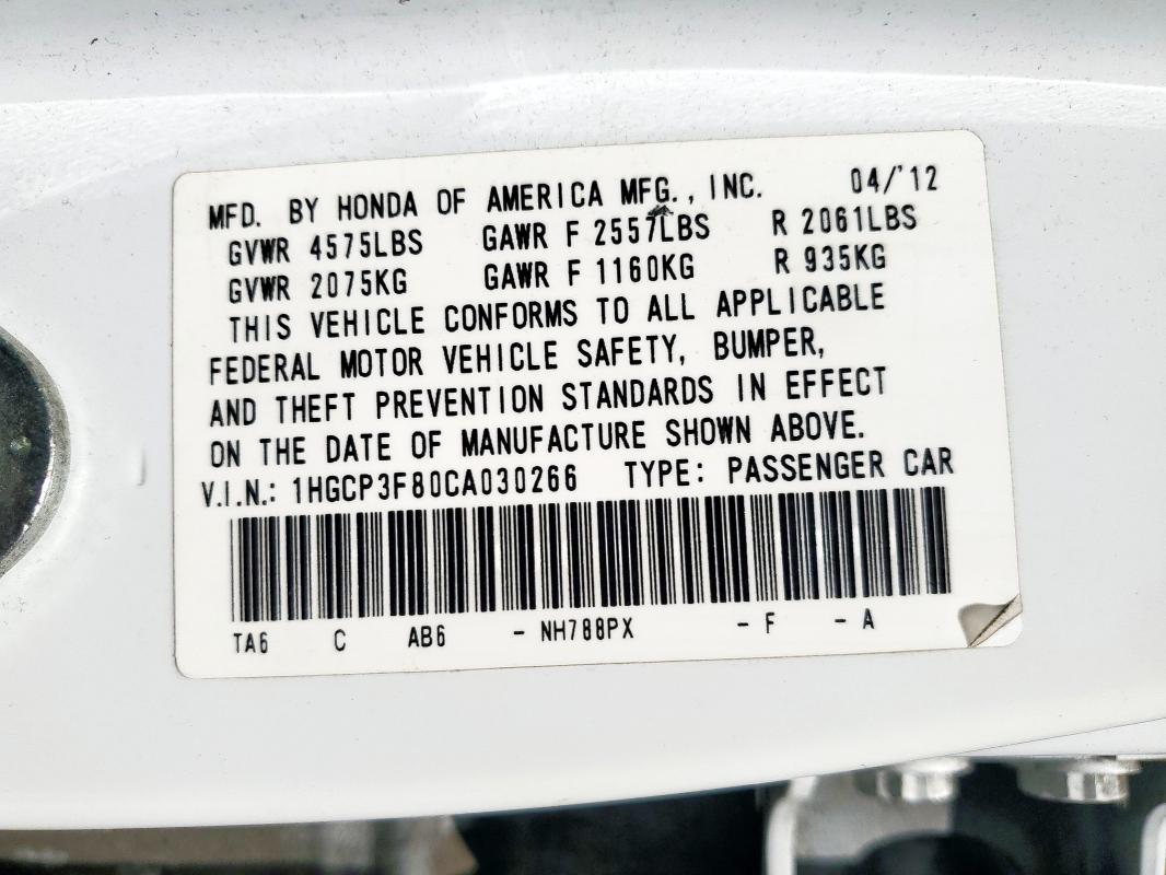 1HGCP3F80CA030266 - 2012 HONDA ACCORD EXL WHITE photo 12